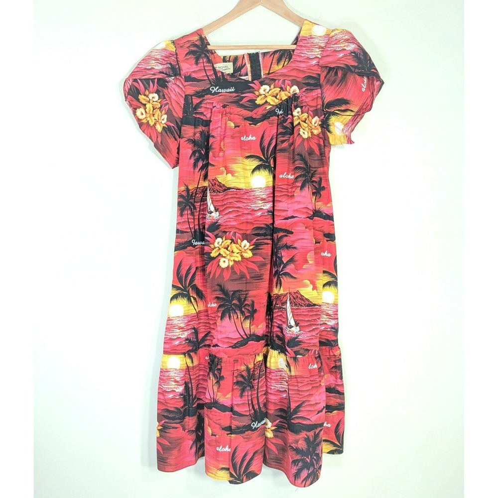 Royal Creations Red Muumuu Dress; Aloha Sunset Palm Tree Floral Cotton Large
